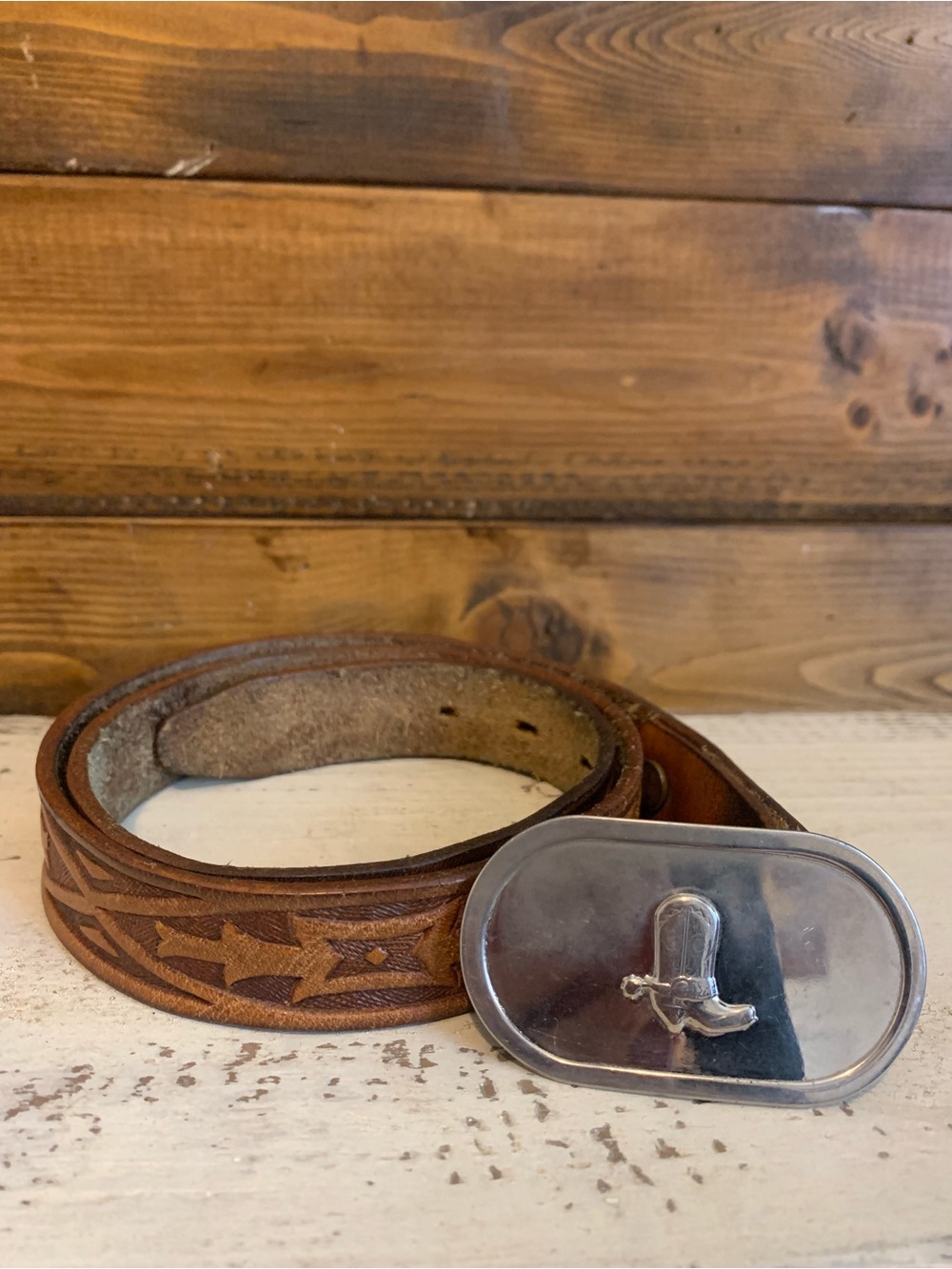 Tooled Brown Leather Western Belt with Silver Cowboy Boot Buckle-Vintage